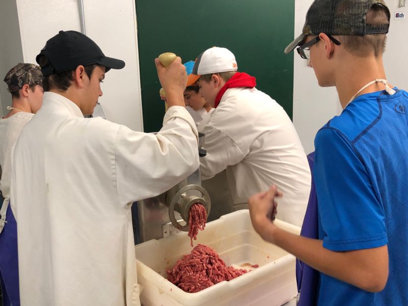 Middle school students processing pork